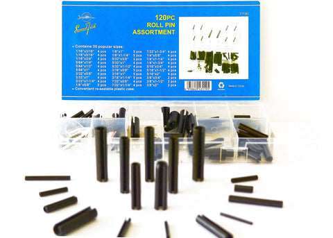 120 Piece Roll Pin Set In Heat Treated Spring Steel With Ten Diameters And Eleven Lengths Pro Grade Slotted Pin Assortment In Durable PP Storage Case For Fast Access And Easy Identification displayed with open case and various sized pins.