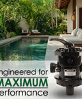 VariFlo Top Mount Multiport Valve Six Way Replacement for Pool Sand Filters Compatible With Hayward Pro And VL Series Inground And Aboveground Pools One Point Five Inch FIP Ports SP0714T displayed by a pool