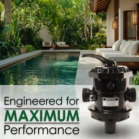 VariFlo Top Mount Multiport Valve Six Way Replacement for Pool Sand Filters Compatible With Hayward Pro And VL Series Inground And Aboveground Pools One Point Five Inch FIP Ports SP0714T displayed by a pool