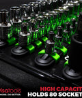 Grab And Go Portable Socket Organizer Tray With Black Rails And Green Clips That Holds Eighty Sockets A Pro Grade Socket Holder