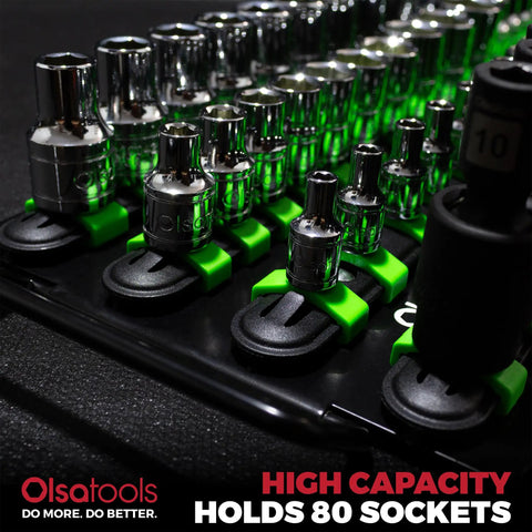 Grab And Go Portable Socket Organizer Tray With Black Rails And Green Clips That Holds Eighty Sockets A Pro Grade Socket Holder