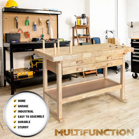 60 Inch Rubber Wood Workbench With Four Drawers Heavy Duty Portable Wood Work Table For Garage Workshop And Home Storage