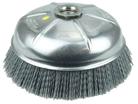 Pro-Grade Nylox Cup Brush With 6 Inch Crimped Nylon Fill 0.040 Inch 80 Grit For Smooth Finishing And Quick Stock Grinding, 5/8 Inch 11 UNC Nut, Made in the USA Built Tough For Real-World Jobs
