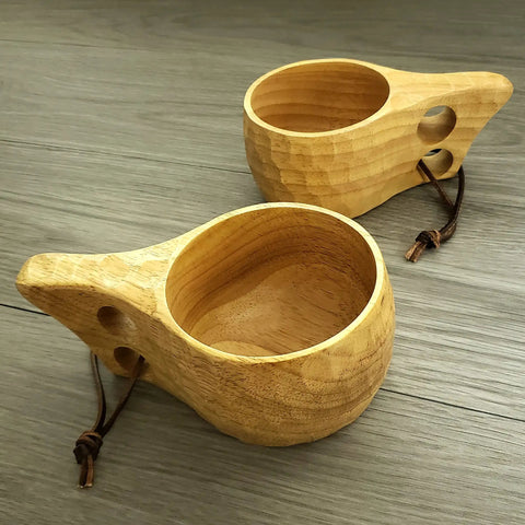 Two Nordic Style Kuksa Wood Camp Mug 10 Oz Handcrafted Carved Hardwood Outdoor Cup for Camping Backyard Chill Family Trips