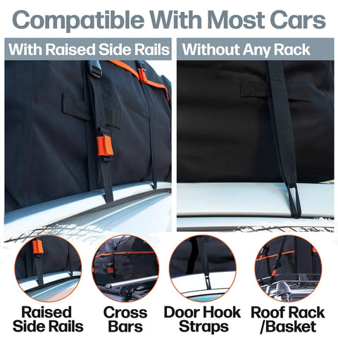 Ultra Large 28 Cu Ft Car Roof Cargo Carrier Bag Waterproof Storage With raised side rails and without rack attachment options.