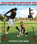 Man and girl using 7x7 Foot Baseball Net With Batting Tee For Backyard Hitting And Pitching Practice, Durable Softball Backstop Net.