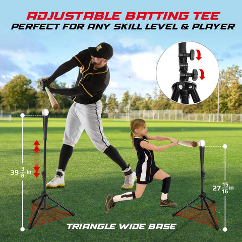 Man and girl using 7x7 Foot Baseball Net With Batting Tee For Backyard Hitting And Pitching Practice, Durable Softball Backstop Net.