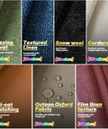 Textured fabric options for custom bench cushions, featuring Freezing Velvet, Textured Linen, Snow Wool, and Corduroy for indoor or outdoor use.