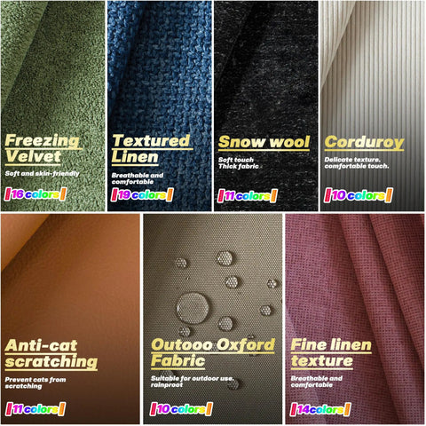 Textured fabric options for custom bench cushions, featuring Freezing Velvet, Textured Linen, Snow Wool, and Corduroy for indoor or outdoor use.