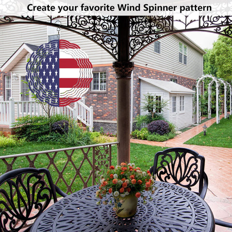 American flag design on Five Pack Eight Inch Round Sublimation Wind Spinner Blanks in stainless steel for garden decor