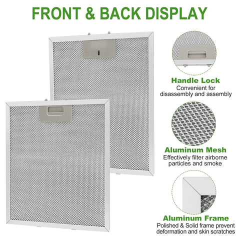 Two Pack 5 Layer Aluminum Mesh Grease Filters For Range Hood Vent Replacement, Easy Install With Handle Lock, front and back view.
