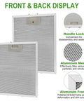 Front and back view of Three Pack 5 Layer Aluminum Mesh Hood Grease Filters Replacement 10.47x12 Inch Fits Whirlpool Ikea KitchenAid JennAir Range Hoods Great For Keeping Your Kitchen Fresh, showing handle lock and mesh design.