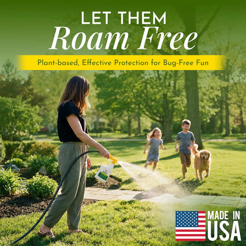 Woman spraying lawn with Natural Tick And Mosquito Yard Spray Ready To Use Kid Safe Pet Safe Pollinator Safe Plant Derived.