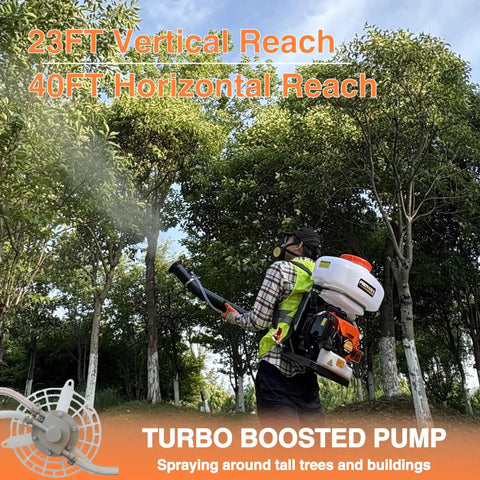 Person using 51.7cc 3 In 1 Gas Powered Backpack Sprayer with 3.7 Gallon Tank Turbo Pump Mist Duster in a forest