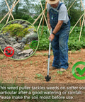 Man using Long Handle Weed Puller Tool 58 Inch, 2 In 1 Weeder Rake And Garden Hoe Combo on soft garden soil.