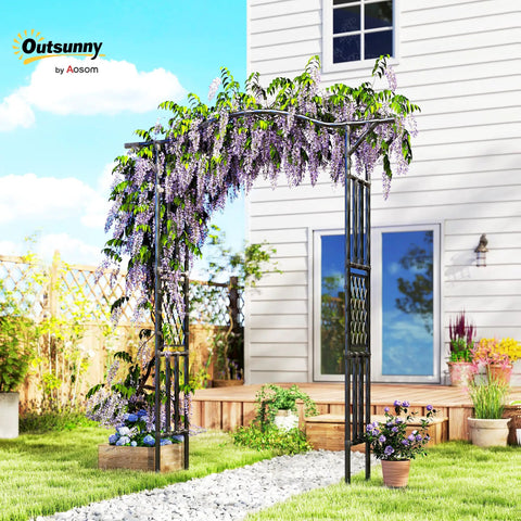 Garden Arch Trellis With Extended Top 7.5Ft Black PE Coated Steel Arbor For Climbing Plants And Vines outdoors by a house