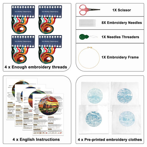 Beginner Embroidery Starter Kit With Pattern Pack And Hoop, All In One DIY Set For Adults, showing tools and pattern cloths