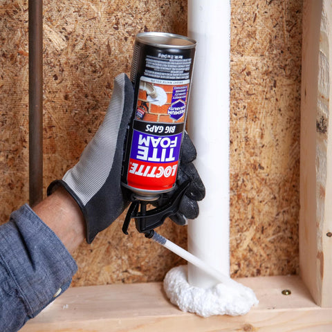 Applying Big Gaps Spray Foam Sealant That Expands To Fill And Insulate Up To Three Inches, 12 Fl Oz Can on pipe joint, high density.