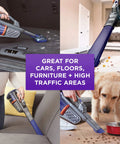 20V Max Handheld Vacuum For Pets With Advanced Clean Four Times More Suction Power Anti Tangle Motorized Rubber Bristles in use on furniture and pet area.
