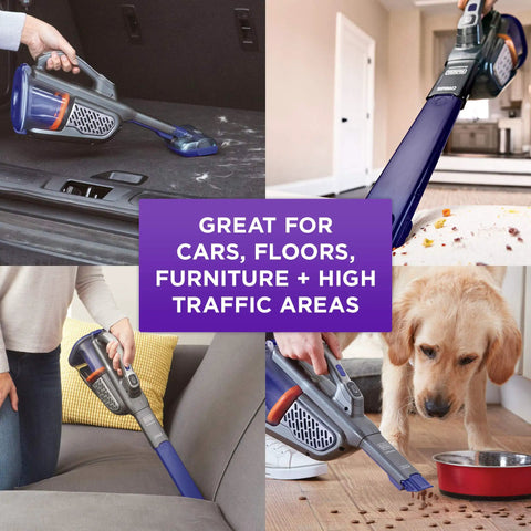 20V Max Handheld Vacuum For Pets With Advanced Clean Four Times More Suction Power Anti Tangle Motorized Rubber Bristles in use on furniture and pet area.
