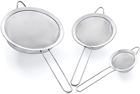 Future Strainer Set Fine Mesh Stainless Steel 304 18 8 Kitchen Trio Of 8 Inch, 5.5 Inch, and 3.3 Inch Strainers on white background