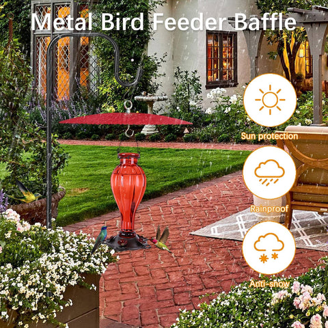 Image of 13 Inch Metal Bird Feeder Baffle Rain Guard for Outdoor Hummingbird Feeders Hanging Weather Shield Cover protecting a feeder.