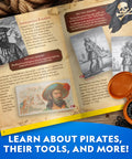 Open book with pirate illustrations and facts from Pirate Adventure Activity Kit For Kids Hands On Treasure Digging Craft A Pirate Hat And Map.