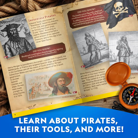 Open book with pirate illustrations and facts from Pirate Adventure Activity Kit For Kids Hands On Treasure Digging Craft A Pirate Hat And Map.