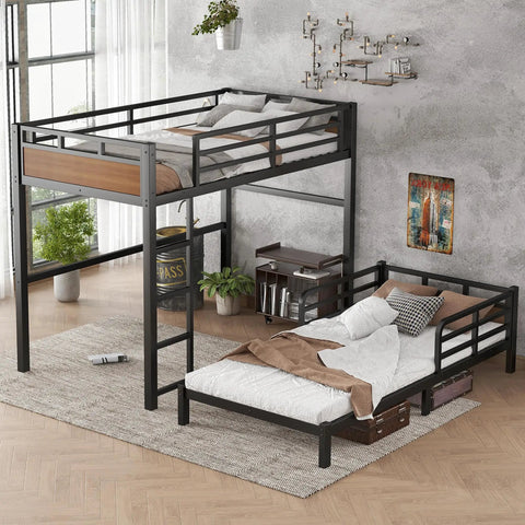 Detachable Twin XL Bunk Bed With Metal Guardrails In Walnut Finish, Space Saving Convertible Loft System as separate beds.