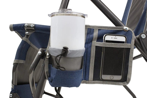 Cup holder and phone pocket on Legz Up Lounger Outdoor Folding Chair With Multi Position Recline Legs Up Or Down Comfort
