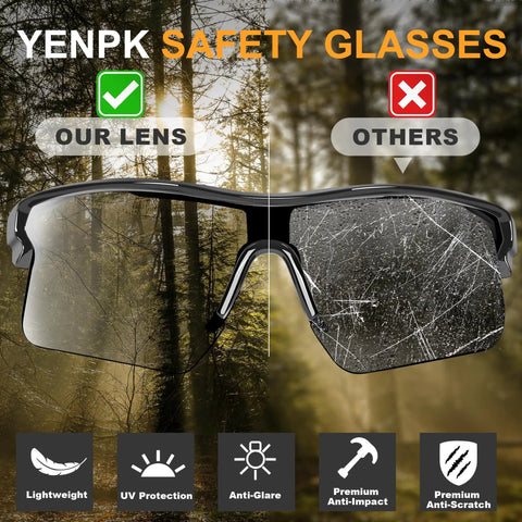 Comparison of 12 Pack Tinted Safety Glasses Protective Eyewear With ANSI Z87.1 Certified UV400 Eye Protection Anti Splash Scratch Resistant Dark Grey Unisex Goggles Ultra Lightweight With Integrated Nose Pad And All Day Comfort showing clear vs scratched lens.