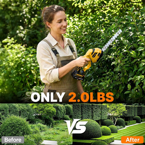 Woman using Powerful Cordless Two In One Hedge Trimmer And Grass Shears With Dual Batteries Eight Point Nine Inch Blade outdoors.