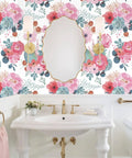 White Watercolor Peony Peel And Stick Wallpaper For Nursery And Bedroom Removable Vinyl Contact Paper Pink And Green Floral For Cozy Vibe Accent Wall 17.3in By 32.8ft installed in a bathroom setting with a mirror