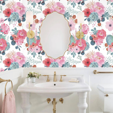 White Watercolor Peony Peel And Stick Wallpaper For Nursery And Bedroom Removable Vinyl Contact Paper Pink And Green Floral For Cozy Vibe Accent Wall 17.3in By 32.8ft installed in a bathroom setting with a mirror