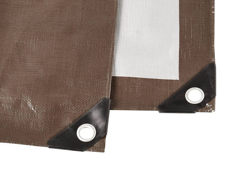 Close-up of Multipurpose Waterproof Tarp Cover 12X25 Feet 16 Mil Heavy Duty Silver And Black Built To Last Weatherproof Shield corner grommets