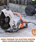 Electric 12 Inch Concrete Saw With 4.5 Inch Cutting Depth And 15 Amp Motor No Gas Demolition Tool That Rips Through Masonry Diamond Masonry Blade Included For Masonry Brick Stone Projects lying on concrete surface.