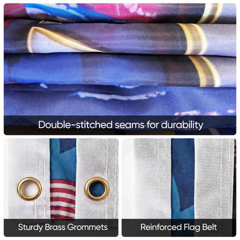 Close-up of double-stitched seams, sturdy brass grommets, and reinforced flag belt on Double Sided 3x5 Ft Patriotic USA Flag.