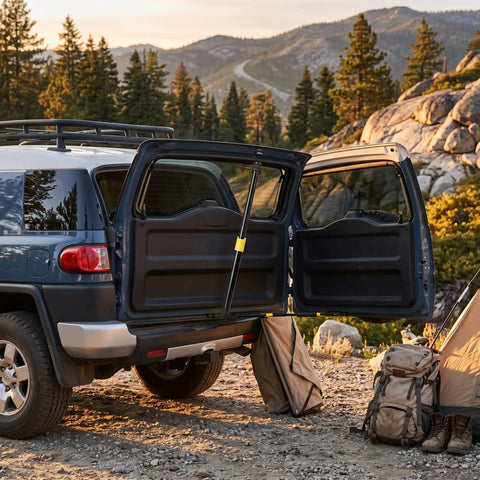 Heavy Duty Rear Back Door Damper Direct Bolt On Liftgate Strut For Toyota Fj Cruiser 2007 To 2014 holding open tailgate outdoors.
