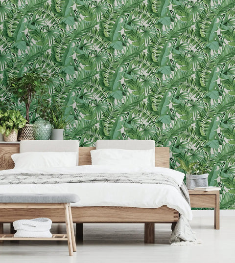 Maui Peel And Stick Wallpaper With Green Tropical Leaf Pattern Removable Contact Paper For Walls No Mess Repositionable DIY Wall Covering For Bedroom And Living Room Accent Walls in bedroom.
