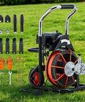 Heavy Duty 450 Watt Electric Drain Auger Machine Featuring 1850 RPM Motor Power and extended solid steel cable with tools.