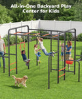 Children playing on outdoor jungle gym with monkey bars frame 5 in 1 heavy duty metal swing set in backyard, adults supervising.
