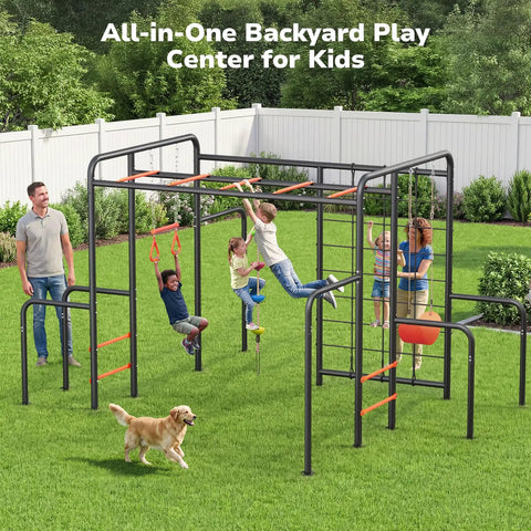 Children playing on outdoor jungle gym with monkey bars frame 5 in 1 heavy duty metal swing set in backyard, adults supervising.