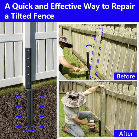 One Piece Fence Post Repair Kit Two Pack Heavy Duty Post Anchors 32 Inch Metal Ground Stakes for repairing tilted or broken wooden fences