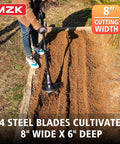 Person using Cordless 20V Tiller Cultivator with 8 inch wide steel tines for garden soil prep, showing 8" cutting width.