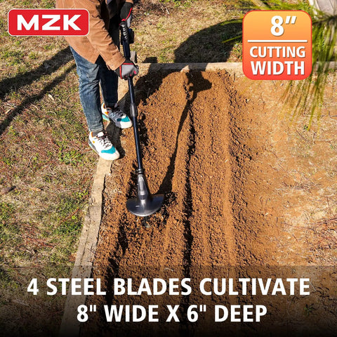 Person using Cordless 20V Tiller Cultivator with 8 inch wide steel tines for garden soil prep, showing 8" cutting width.
