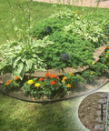 Landscape with 60 Pcs Landscape Edging Stakes 8 Inch Garden Spikes; edging securing garden border; nylon ground anchors visible.
