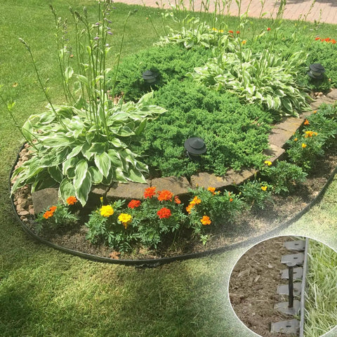 Landscape with 60 Pcs Landscape Edging Stakes 8 Inch Garden Spikes; edging securing garden border; nylon ground anchors visible.