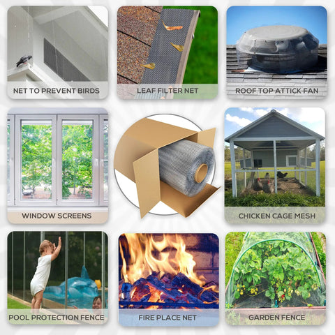Collage showcasing uses for Rugged Stainless Steel Wire Mesh Screen 50x120 Inches Plain Weave 30 Mesh including windows and garden fences.