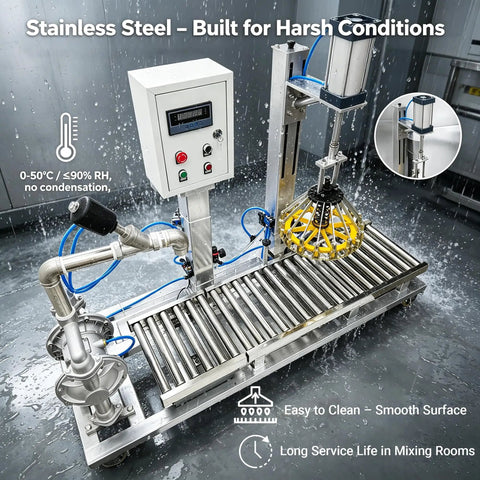 Heavy Duty Semi Automatic Paint Filler And Bucket Capper With Precision Digital Scale with stainless steel design in action.