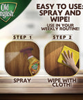 Instructions on using lemon oil furniture polish: spray onto wood and wipe with cloth to clean and shine surfaces.
